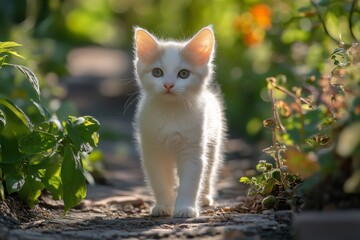 Obraz premium Adorable white kitten walking in a sunny garden