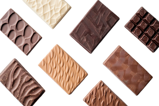 A row of chocolate bars with different flavors and colors. ,on transparent background.