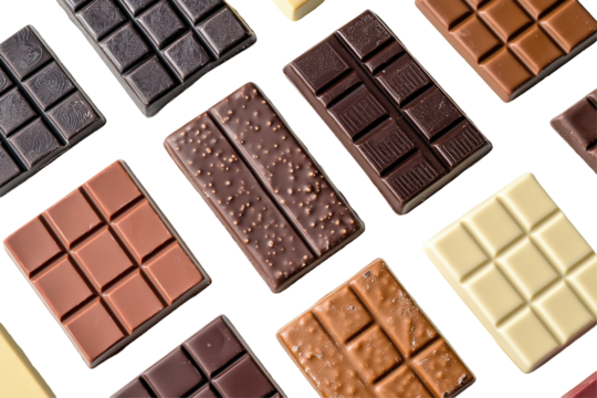 A row of chocolate bars with different flavors and colors. ,on transparent background.