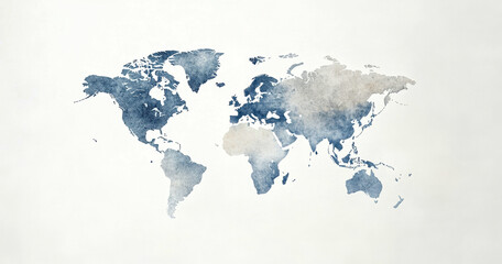 Watercolor world map in shades of blue on a white background
