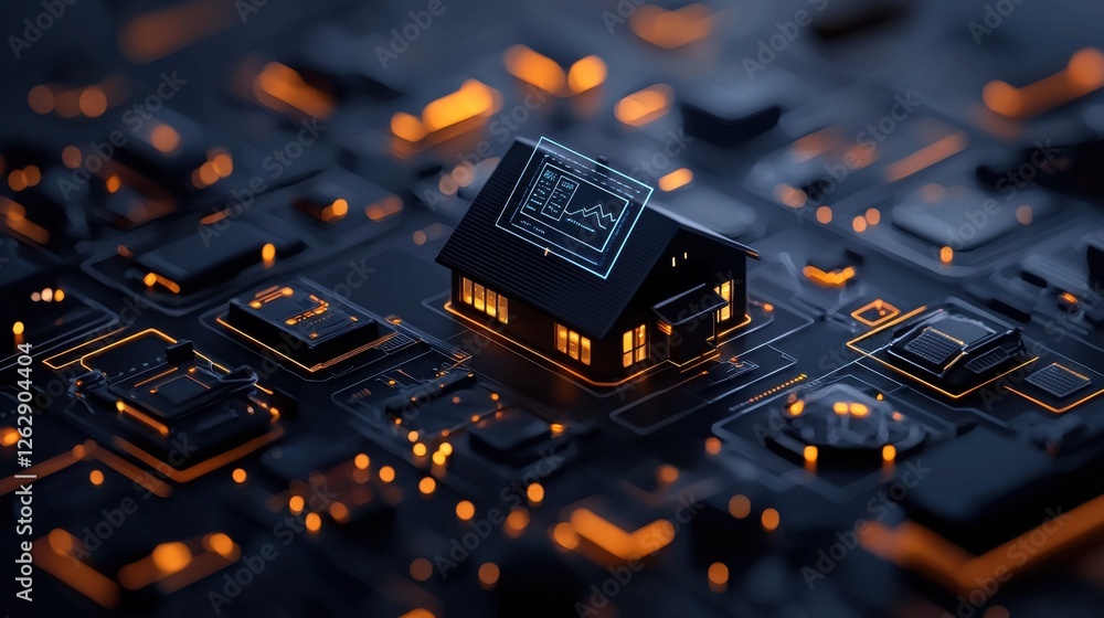 Poster a futuristic smart home with holographic assistant showcasing advanced home automation and intellige