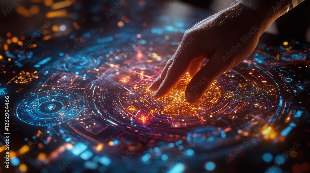 Poster A hand interacts with a glowing, digital interface displaying intricate patterns of light and data, symbolizing advanced technology and connectivity.