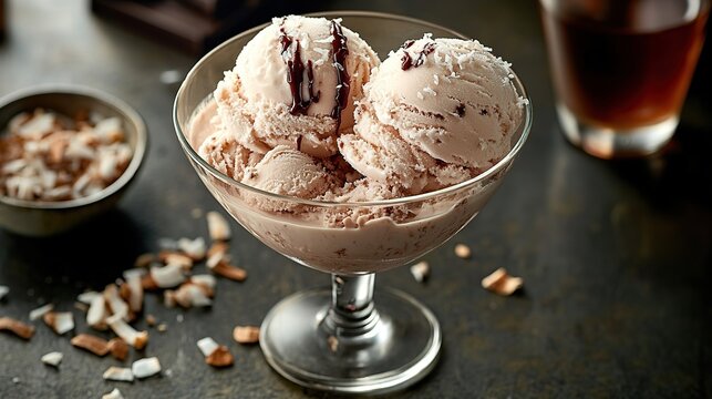 A fusion dessert of Indonesian kue cubir ice cream with palm sugar syrup, coconut flakes, and a drizzle of chocolate