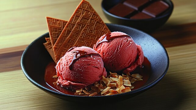 A fusion dessert of Indonesian kue cubir ice cream with palm sugar syrup, coconut flakes, and a drizzle of chocolate