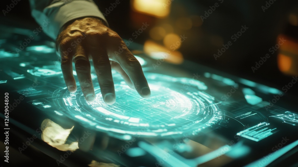 Poster a hand interacts with a glowing, futuristic touchscreen, displaying complex data and holographic ele