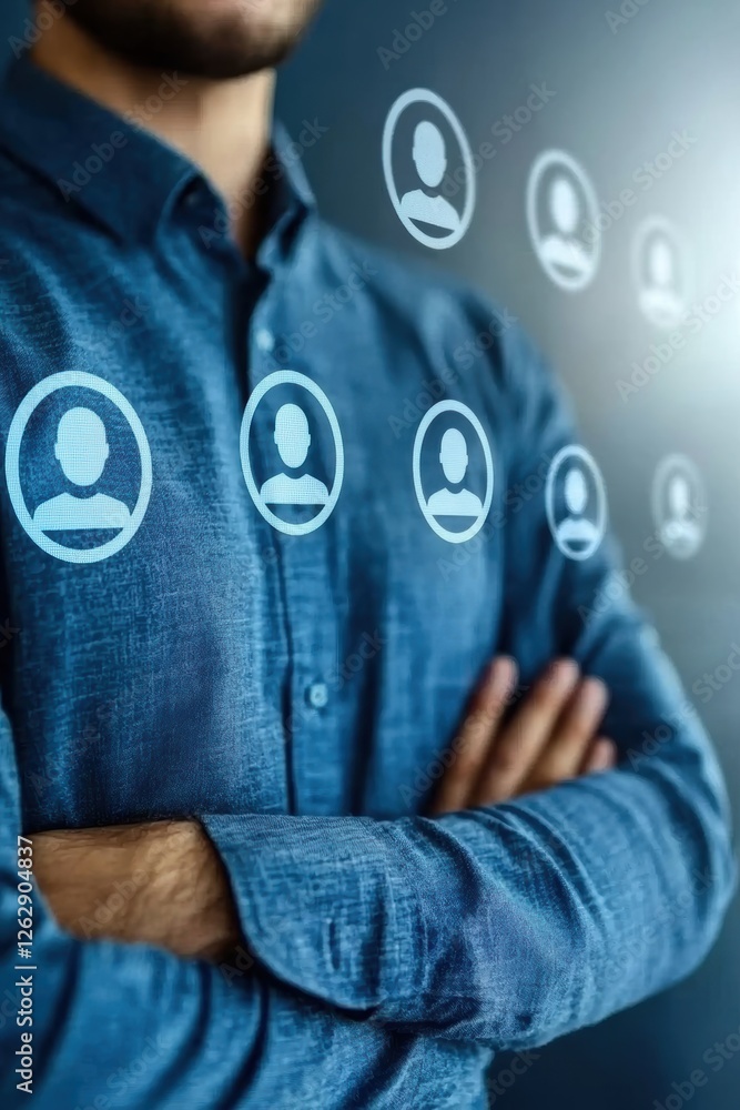 Aufkleber a professional man with crossed arms looks at user icons on a blue background, symbolizing networkin