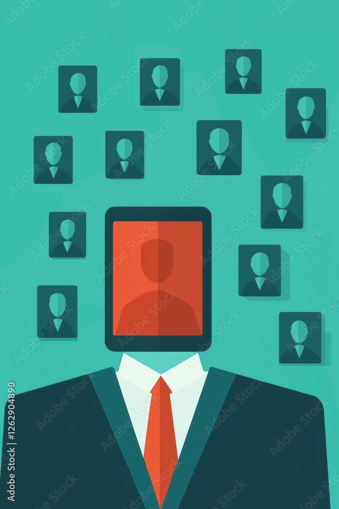 Poster abstract concept of digital identity with a faceless figure surrounded by portraits, symbolizing tec