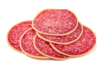 Sliced Dry Cured Salami Sausage with cheese, salami parmesano, isolated on white background.