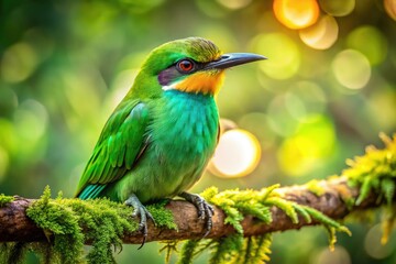 Fototapeta premium A vibrant green bird, sharply focused, rests on a branch; a stunning nature photograph with exceptional detail.