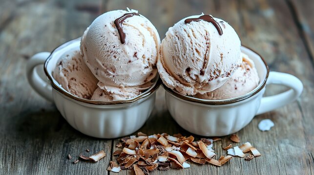 A fusion dessert of Indonesian kue cubir ice cream with palm sugar syrup, coconut flakes, and a drizzle of chocolate