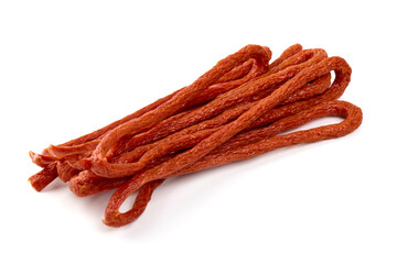 Kabanos thin dry sausage, snacks for beer, isolated on the white background.