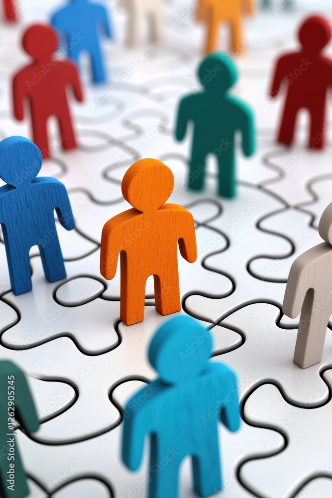 Poster colorful wooden figures connect in a puzzle-like formation, representing teamwork, collaboration, an