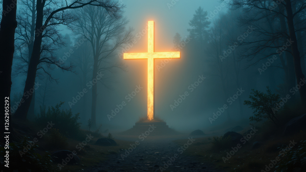 Poster this image features a large illuminated christian cross positioned at the end of a foggy path within