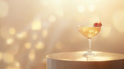 A glass of cocktail with an elegant garnish placed on a sleek podium, set against a softly blurred background.