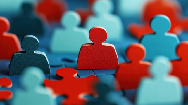 Colorful wooden figures stand out in a vibrant and abstract scene, symbolizing community, connection, and individuality.