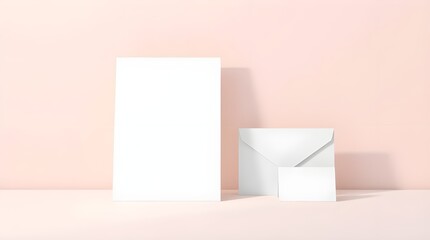 Naklejka premium Set of paper stationery for business, including letterhead, envelope, and business card, displayed on a neutral pink gradient background with soft shadows