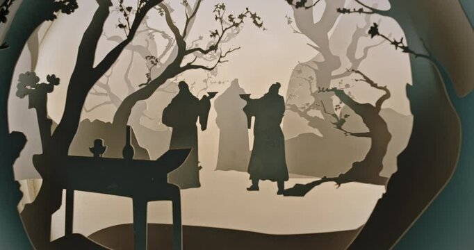 Chengdu, Sichuan, China. Scene Depicting Male Friendship In Ancient China. Men Drink From Cups. Ancient Chinese Bromance. Bromance Is Very Close And Non-sexual Relationship Between Two Or More Men
