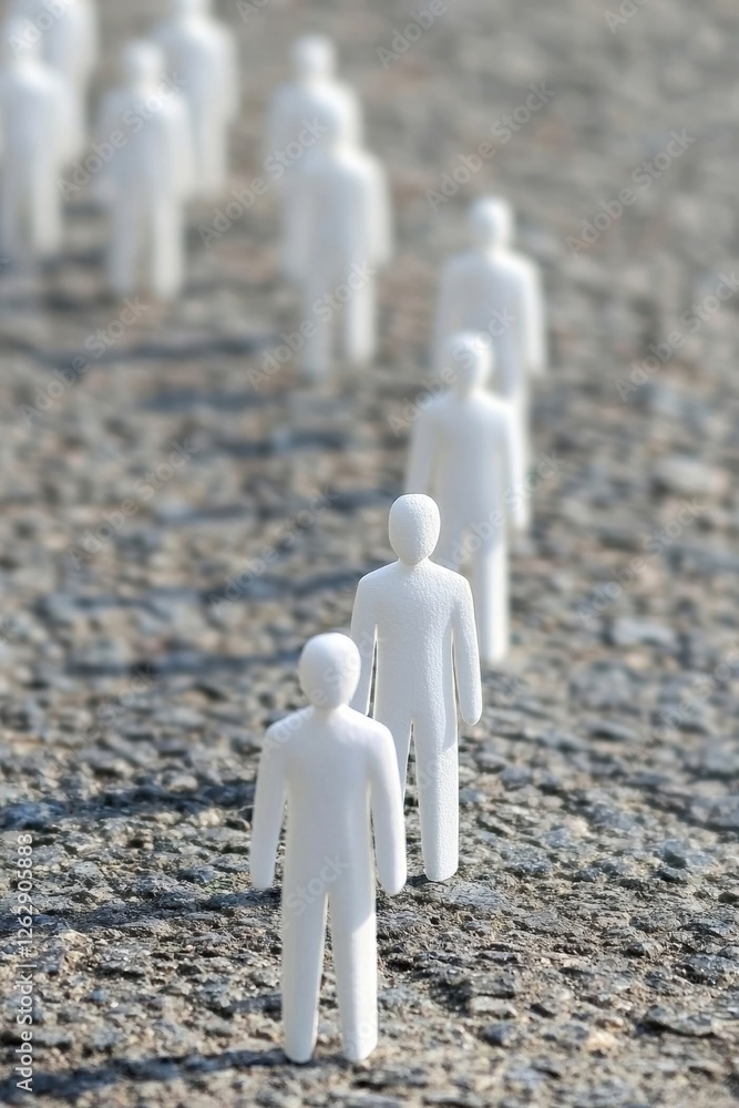Poster minimalist representation of a queue of white figurines on a textured surface, symbolizing order, un
