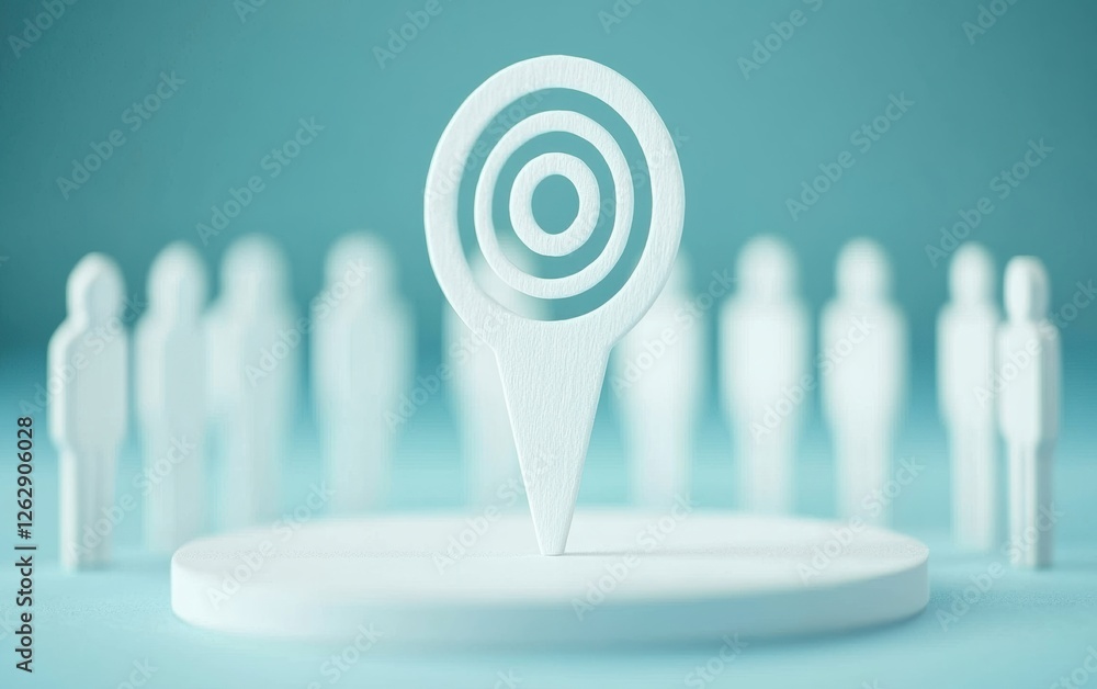 Poster a minimalistic design featuring a white map pin with a target symbol, surrounded by abstract human f