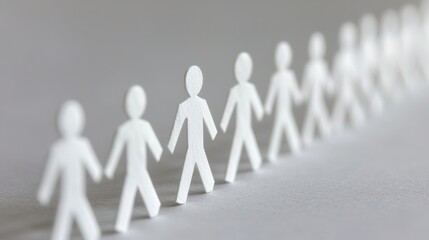 A row of white paper figures symbolizing teamwork, unity, and cooperation on a neutral background.