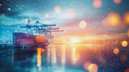 Container truck in ship port for business Logistics and transportation of Container Cargo ship and Cargo plane with working crane bridge in shipyard at sunrise, logistic import export and transport