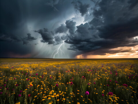 Dramatic thunderstorm over wildflower field, lightning strike, stormy sky, extreme weather, nature power, rolling clouds, dark clouds, atmospheric landscape, intense storm, moody scener