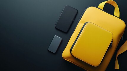 A yellow backpack with a small case and two smartphones on a dark surface.
