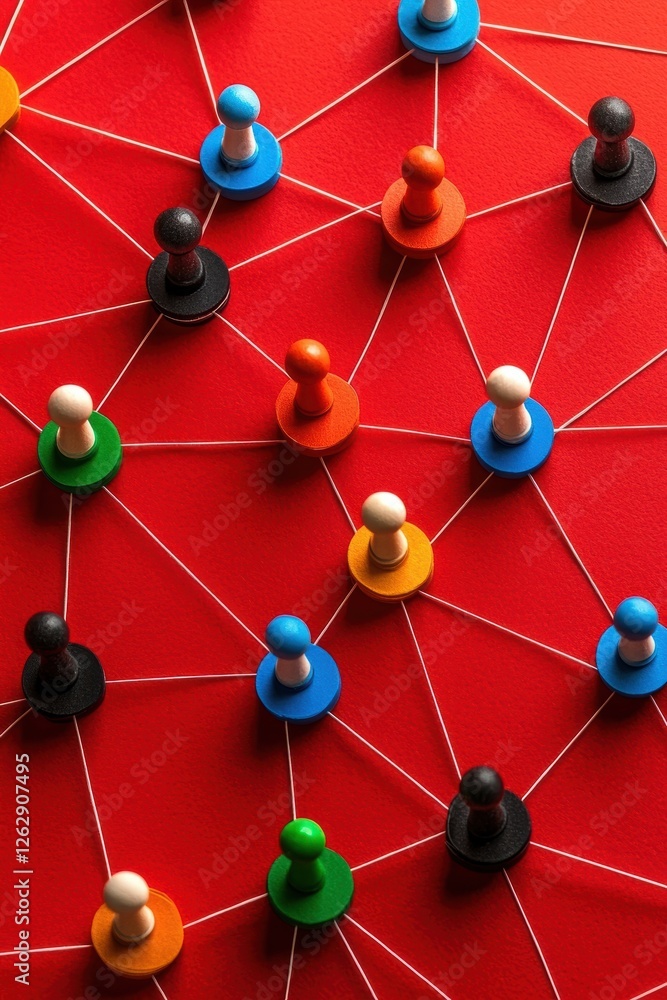 Poster colorful game pieces connected by strings on a red background, symbolizing networking and strategic 