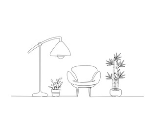 Continuous one line drawing of living room interior. Armchair ,flloor lamp and bamboo plant in single line draw illustration. Editable stroke.