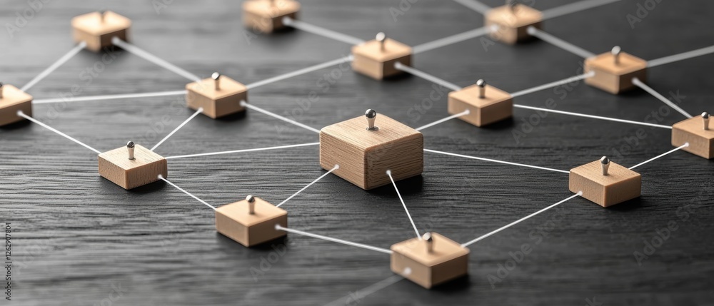 Poster abstract network representation with wooden blocks and strings, symbolizing connectivity, data flow,