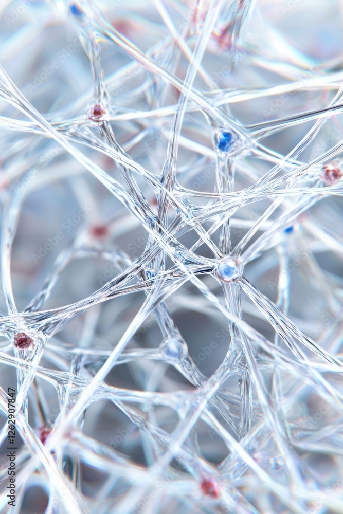 Poster abstract close-up image of interconnected transparent fibers resembling a neural network structure. 