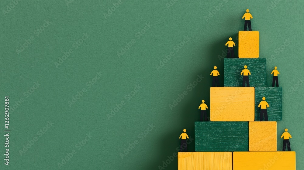 Poster colorful building blocks arranged in a pyramid with small figures, representing teamwork and growth 