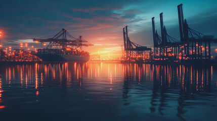 Naklejka premium Container truck in ship port for business Logistics and transportation of Container Cargo ship and Cargo plane with working crane bridge in shipyard at sunrise, logistic import export and transport