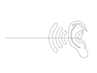 Continuous one line drawing of human ear with wave lline. Human ear in single line draw illustration. Editable stroke.