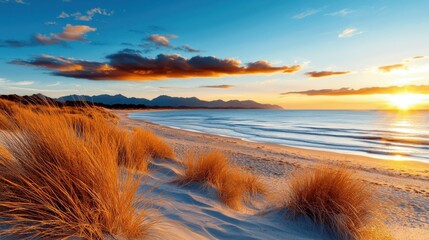 Breathtaking coastal sunset scene with golden light illuminating the rolling sand dunes windblown beach grass and glimmering waves along the shoreline  Serene and picturesque natural landscape