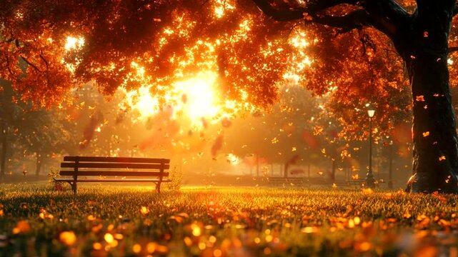 Golden sunlight shining through autumn tree with falling leaves and empty bench in peaceful park. Seamless looping 4K time-lapse animation video background