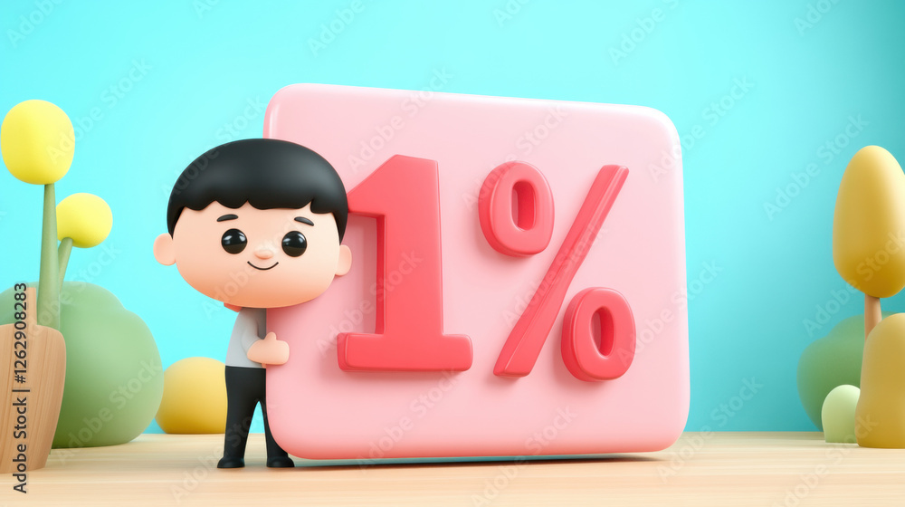 Aufkleber a cute character holds a large pink block displaying the number 1% against a colorful background.