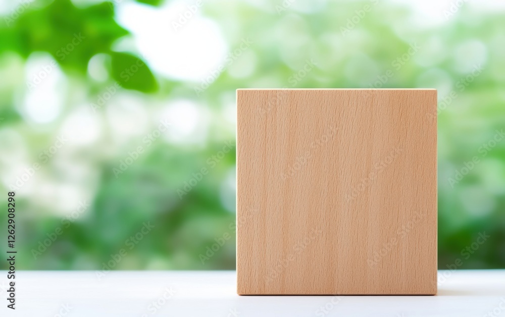 Poster simple wooden block on a table with a blurred green background, representing minimalism and tranquil