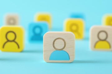 Colorful wooden blocks feature user icons, representing community, connection, and engagement in a vibrant, playful design.