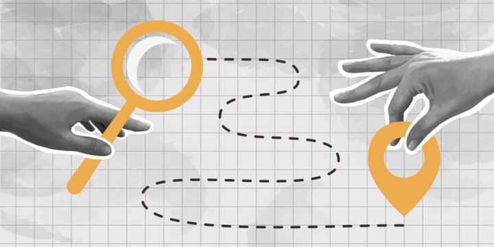 Trendy collage with halftone hands holding position element and search bar. GPS navigation. Pin location. Travel way and find trip. Transport logistic.  Package tracking. Contemporary art vector
