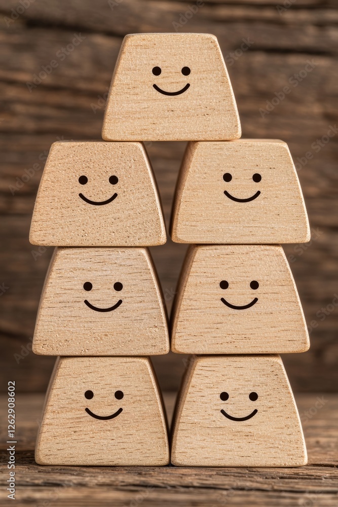 Poster smiling wooden blocks stacked in a pyramid on a rustic wooden surface, symbolizing joy and creativit