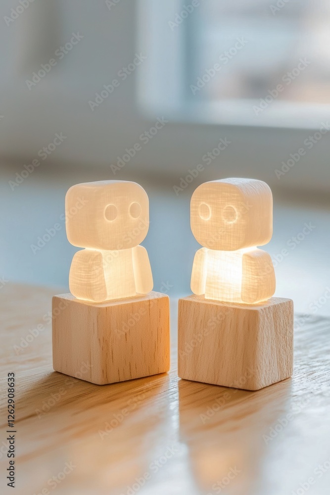Aufkleber two glowing wooden block figures sit on a table, creating a warm and inviting atmosphere in a modern