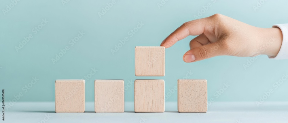 Poster a hand placing a wooden block on top of a stack, showcasing growth, progress, and building concepts 