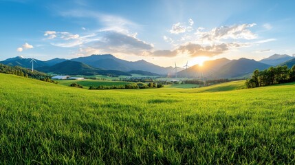 Captivating countryside landscape with majestic mountains and a breathtaking sunset in the background  A serene and peaceful rural scene with a lush green meadow rolling hills