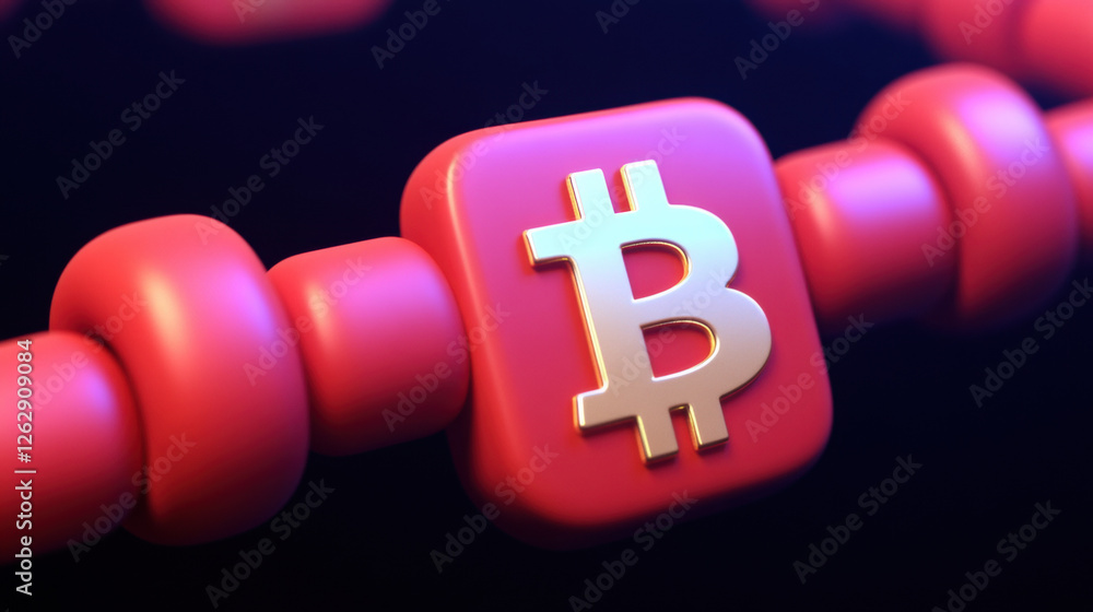 Poster vibrant digital representation of a bitcoin symbol on a colorful chain link background.