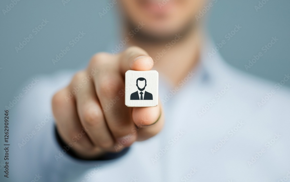 Poster close-up of a man holding a button with a professional avatar, symbolizing business identity and net