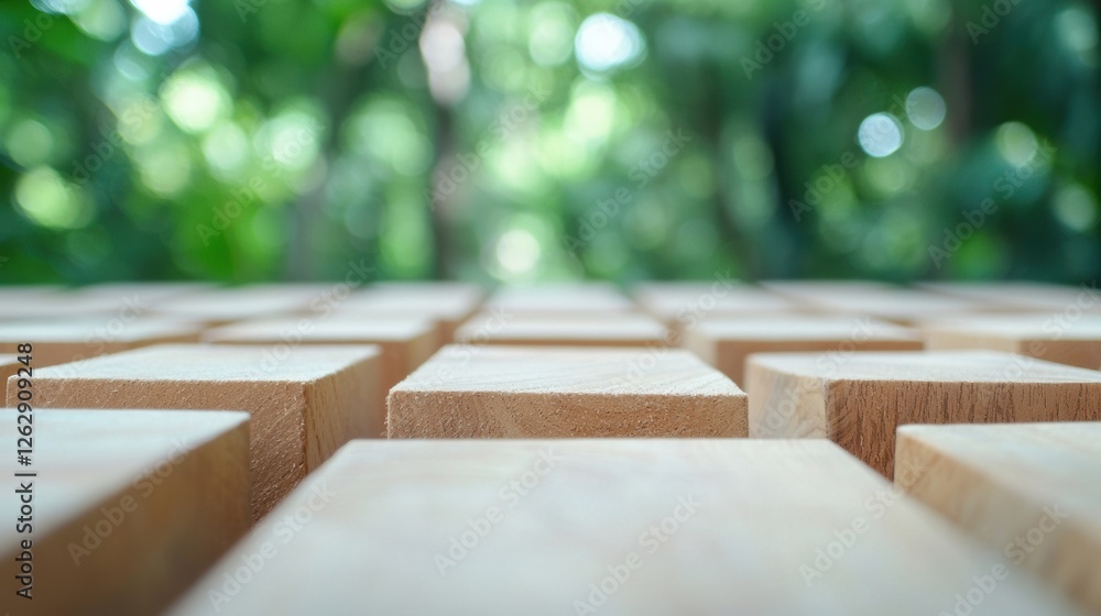 Poster close-up view of wooden blocks arranged neatly, surrounded by lush greenery. perfect for nature and 