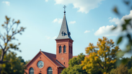 Fototapeta premium Charming old church with tall spire.