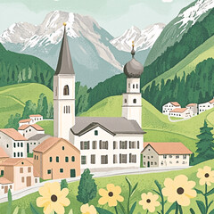 Naklejka premium A quaint European village scene nestled among rolling hills and majestic snow-capped mountains, bathed in sunshine and blooming with yellow flowers.