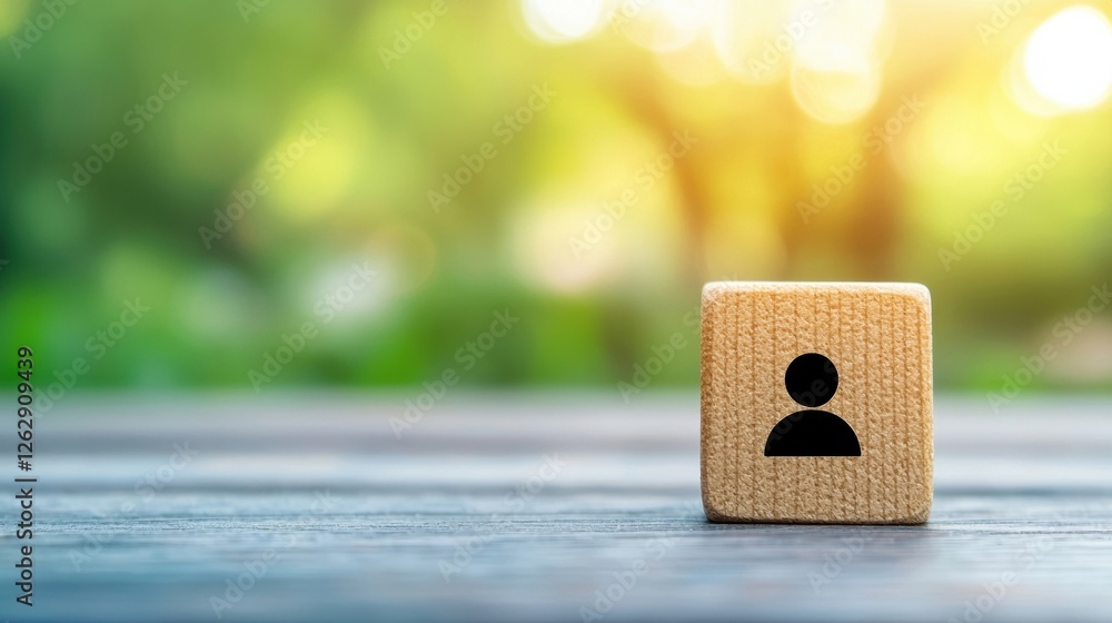 Poster a wooden block with a user icon resting on a table, symbolizing community and connection in a natura